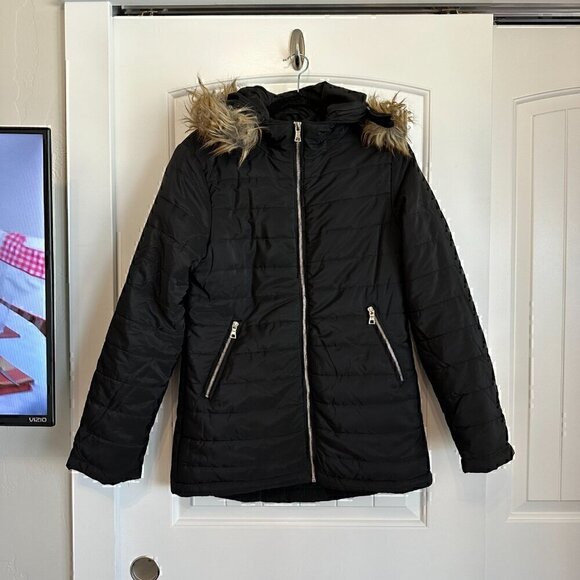 Ambiance Jackets & Blazers - AMBIANCE classic black puffer jacket faux fur lined hood zip pockets women's M